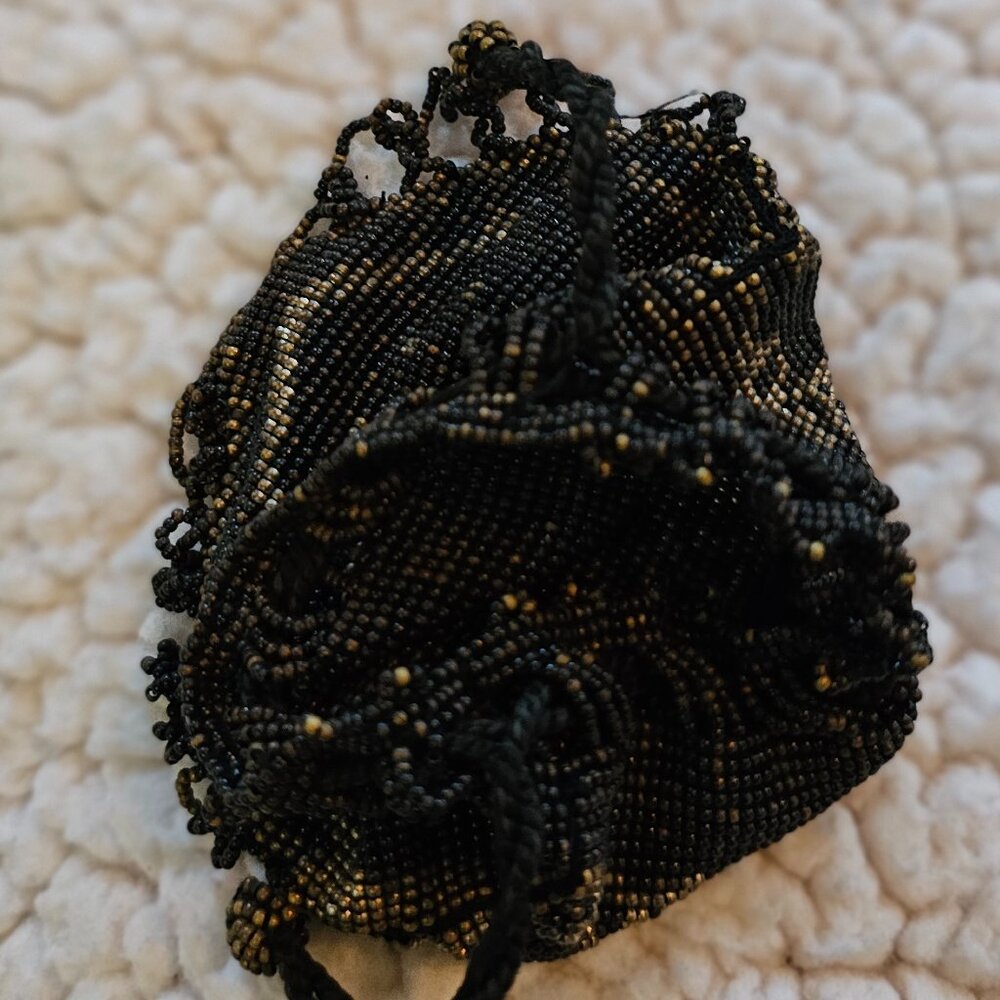 Antique Beaded Drawstring Pouch – Black & Gold, Fringe Tassels, Art Deco Style - Picture 9 of 10